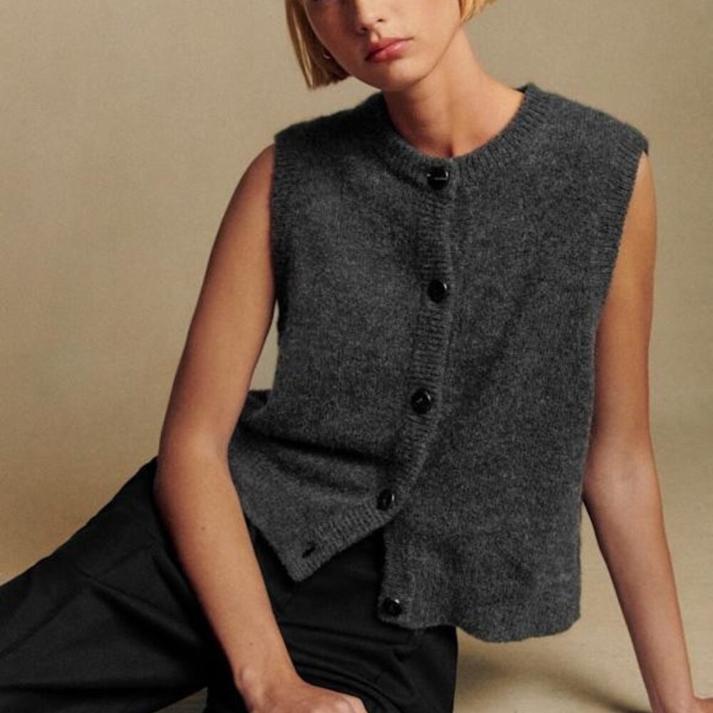Sezane Sacha Cardigan Sweater Vest - Medium - Charcoal Grey